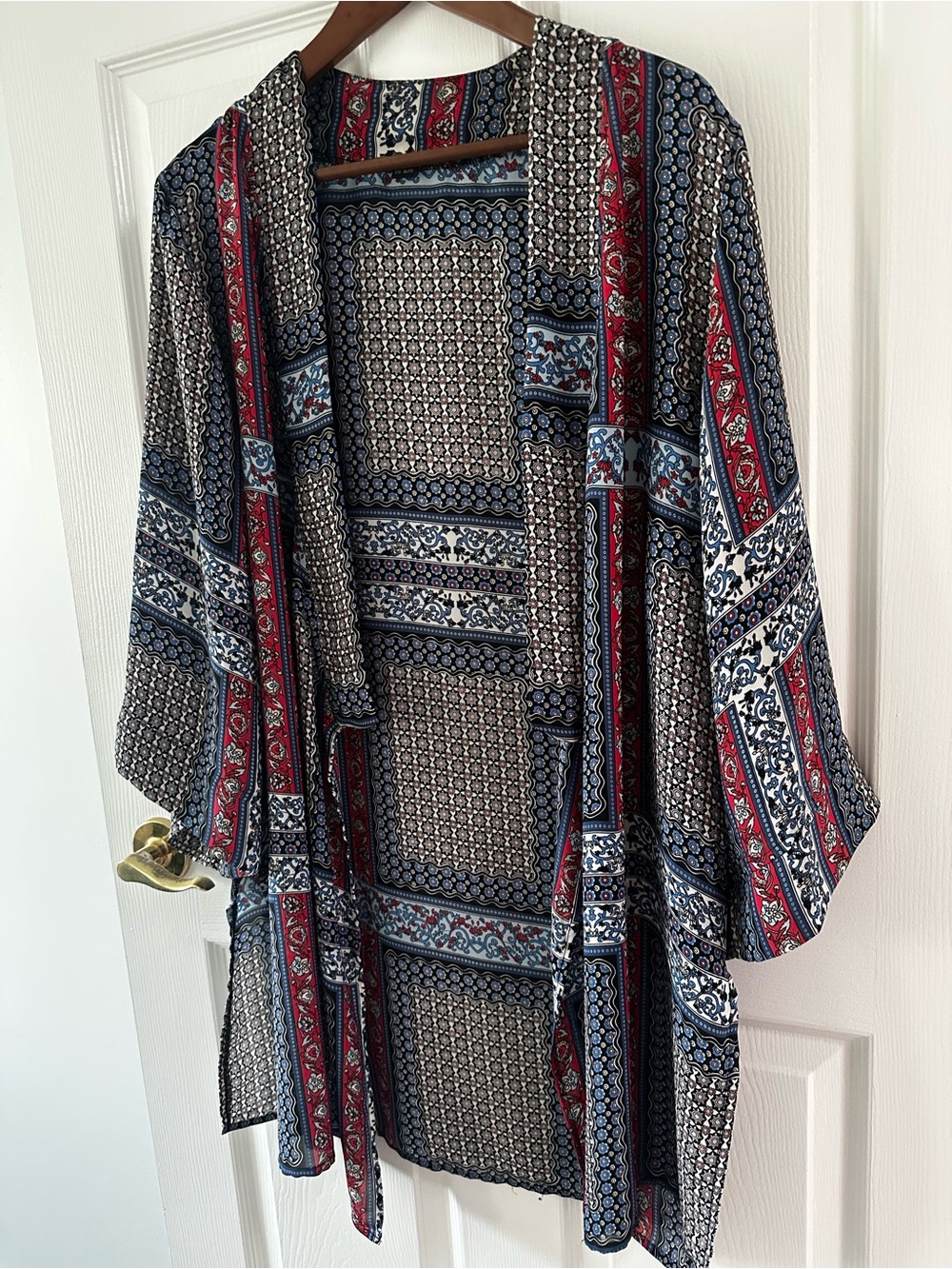 Tahari Multicolor Floral Geometric Patterned Kimono Duster L/XL Boho Country